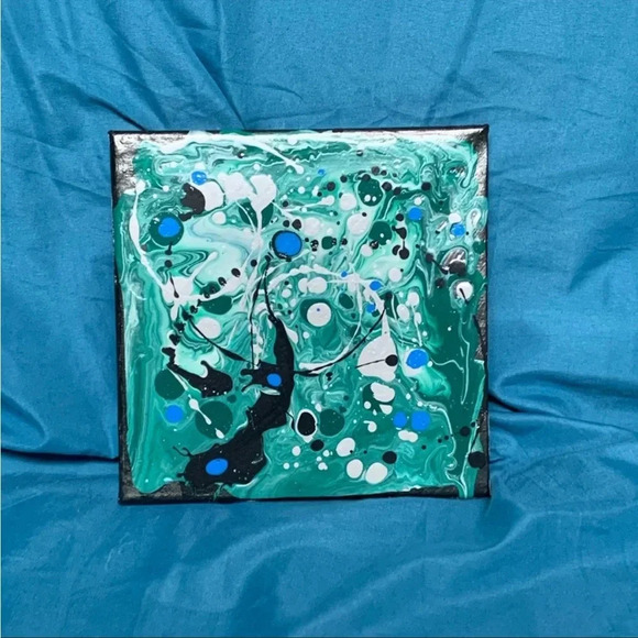 Original Paint Pour Art - 8x8 wrapped canvas with greens, blue, silver & white - Picture 4 of 11